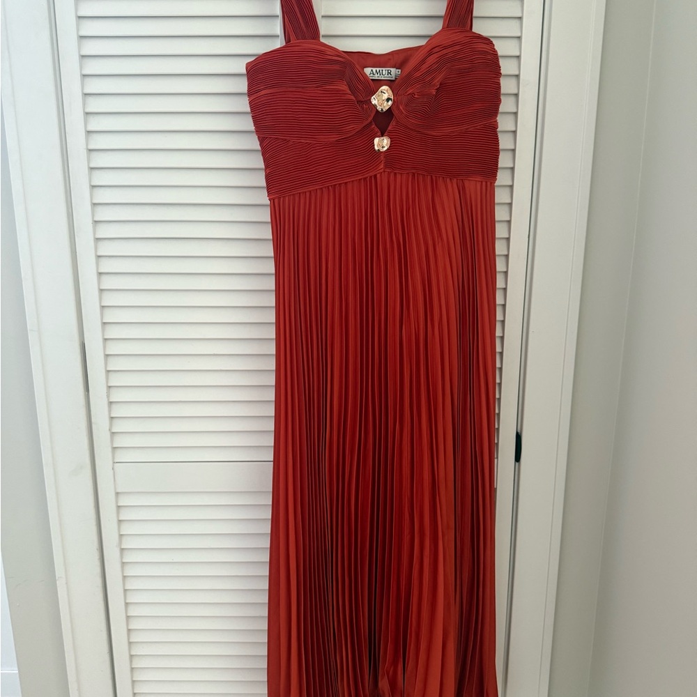AMUR Orange Ruched Pleated Midi Dress